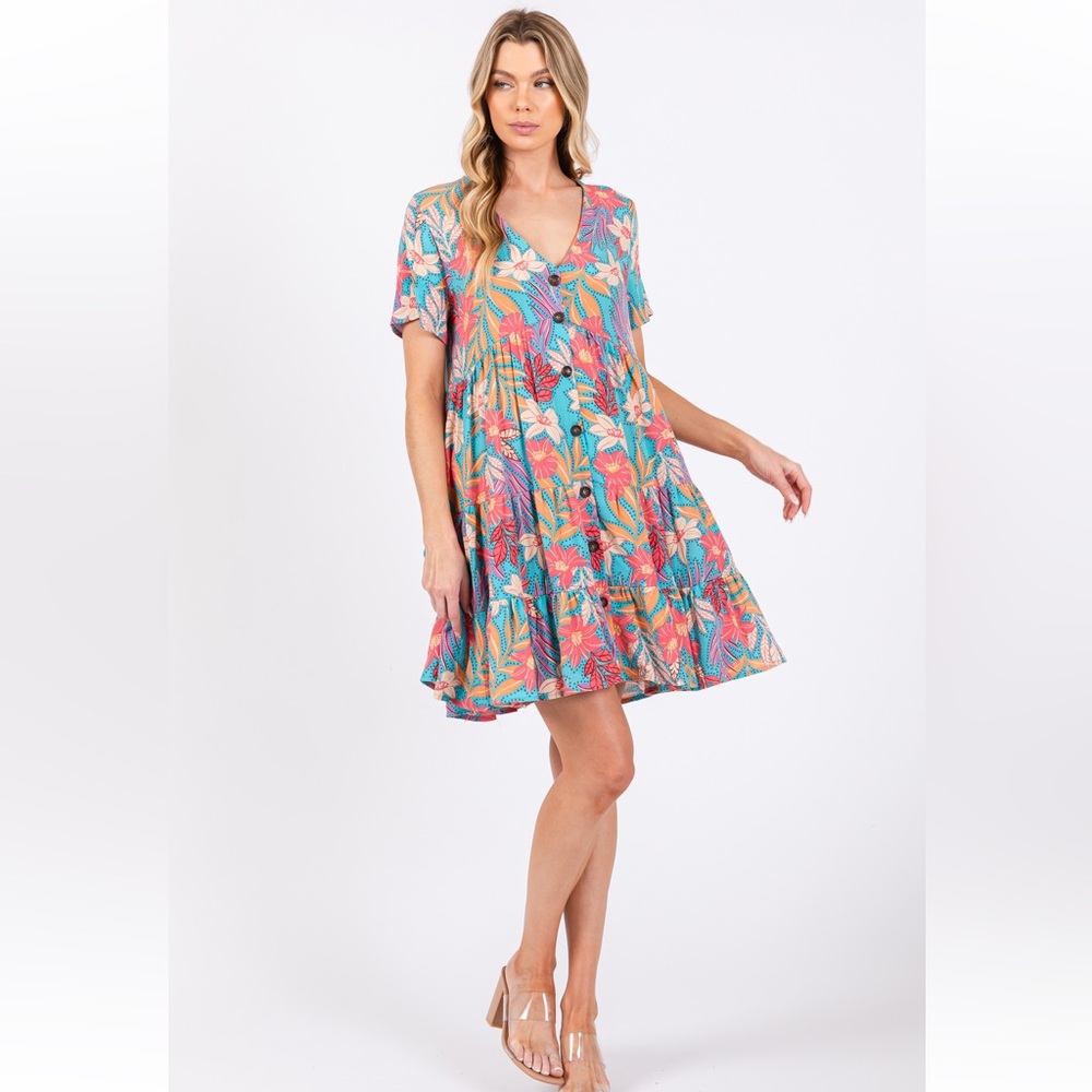 17 Boho Floral Print Tiered Button Down Dress